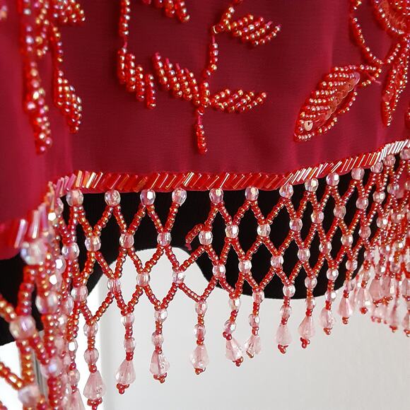 Vintage 70s Jack Bryan Beaded Sheer Silk Tunic Top Cherry Red Evening Holiday - Picture 9 of 15